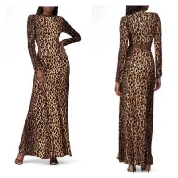A.L.C. ALC Brown Tan Leopard Gabriela Gown Silk Formal Cut Out Maxi Dress Size 8 - Picture 3 of 11